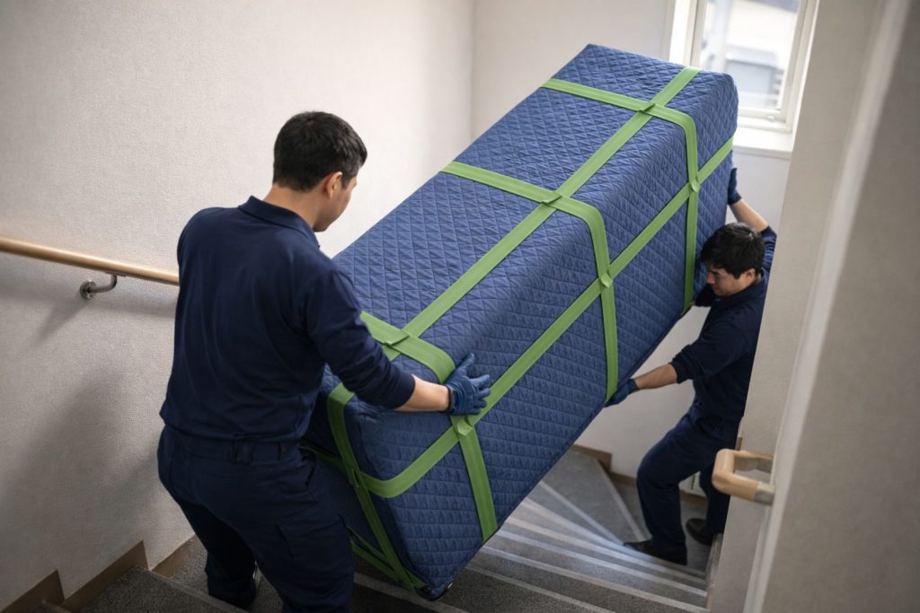 階段で冷蔵庫を安全に運搬する引っ越し作業の様子