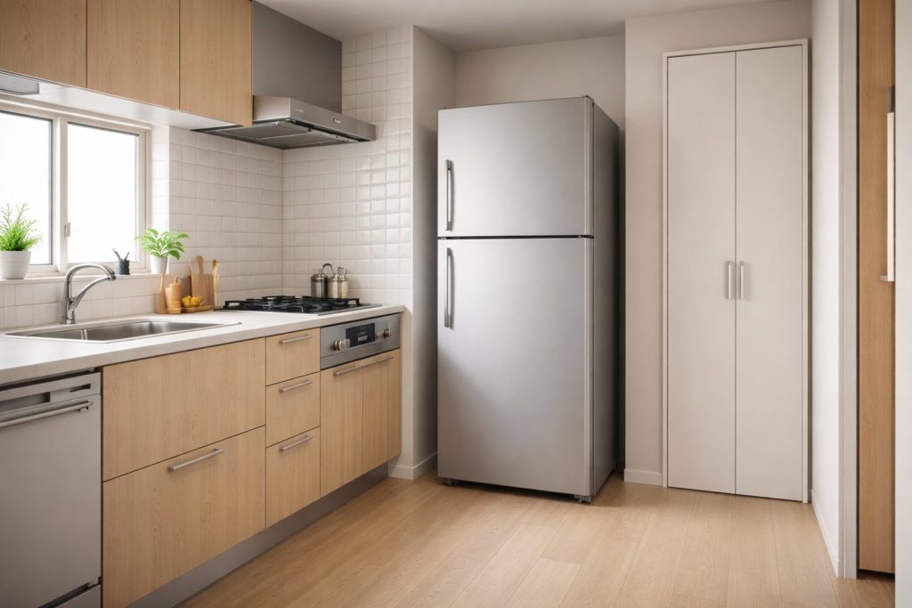 キッチンに冷蔵庫を正しく設置した引っ越し後の様子