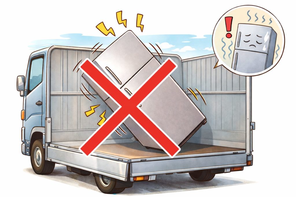 冷蔵庫が傾いた荷台