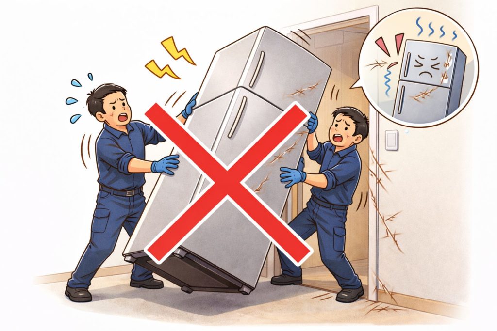 傷がついた部屋と冷蔵庫